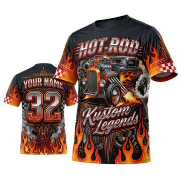 Maxcorners Personalized Car Classic Muscle Car 3D T-Shirt – Hot Rod Black Orange Burning Flames
