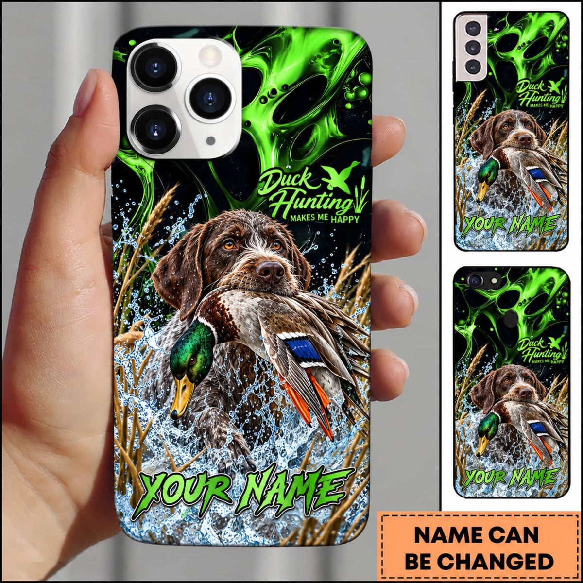 Maxcorners Duck Hunting Golden Retriever Green Lightning Water Splash Personalized Name 3D Phone Case - Boykin Spaniel