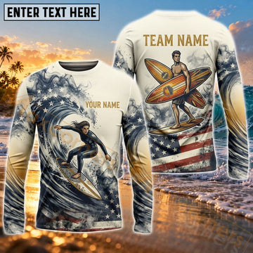 Maxcorners Surfboard Golden Ocean Wave Art Customized Name, Team Name 3D Long Sleeve Shirt