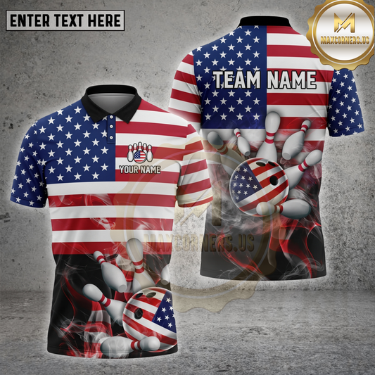 Maxcorners Bowling USA Flag Patriotic Smoke Strike Multiple Options Personalized Name, Team Name 3D Shirt