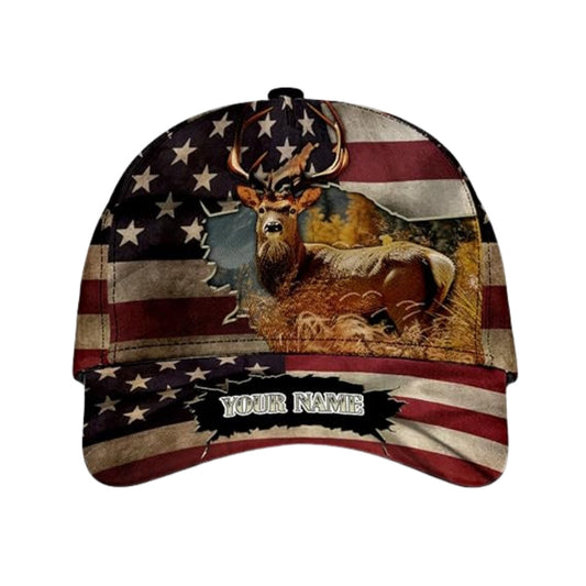 Maxcorners Custom American Flag Deer Hunting Baseball Cap, Custom Patriotic Deer Hunting 3D Printed Caps LM0402