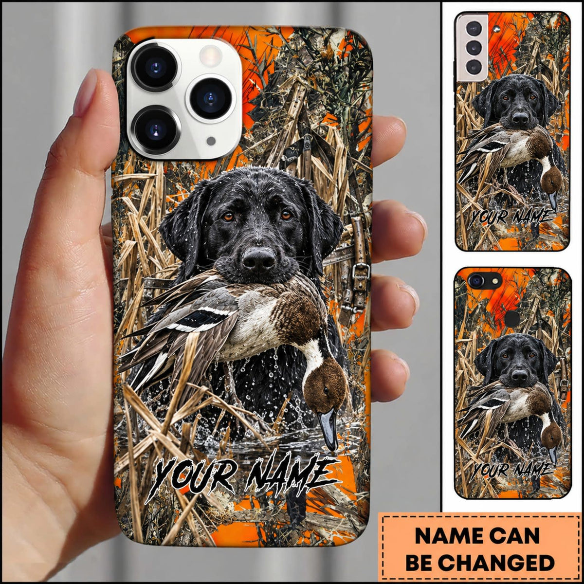 Maxcorners Duck Hunting German Shorthaired Pointer Orange Camo Duck Retrieval Personalized Name 3D Phone Case - Black Labrador Retriever - Pintail