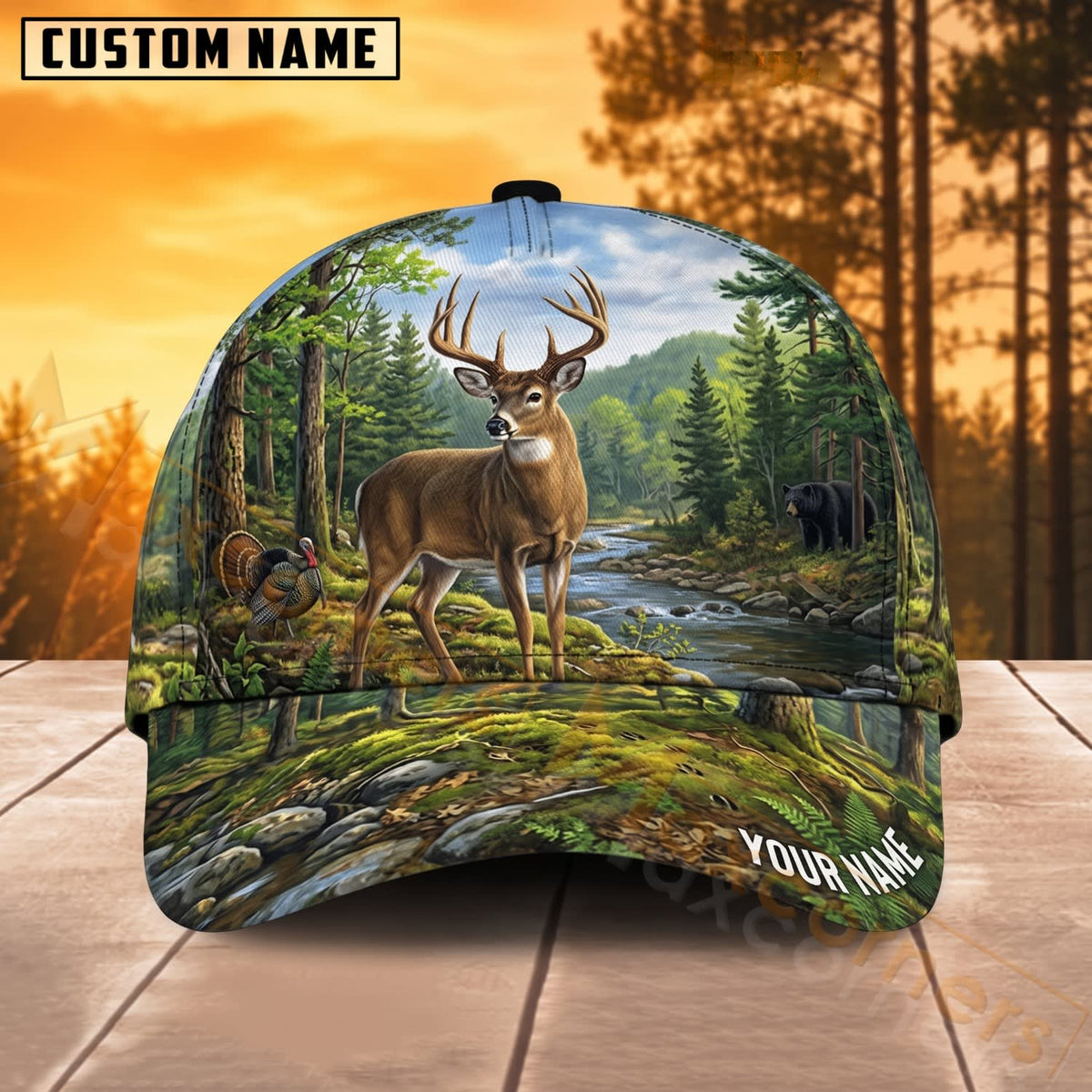 Maxcorners Deer Hunting Forest Stream Buck Personalized Name 3D Cap