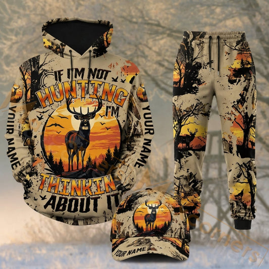Maxcorners Hunting If I’m Not Hunting I’m Thinking About It Deer Sunset Camo Personalized 3D Combo Hoodie, Sweatpants Set & Cap