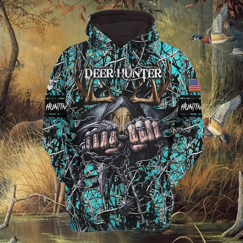 Personalized Special Deer Hunter Blue 3D Full Print Hoodie Skull Pattern Best Gift For Hunter