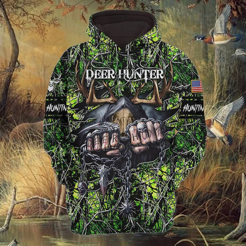 Personalized Special Deer Hunter Green 3D Full Print Hoodie Skull Pattern Best Gift For Hunter