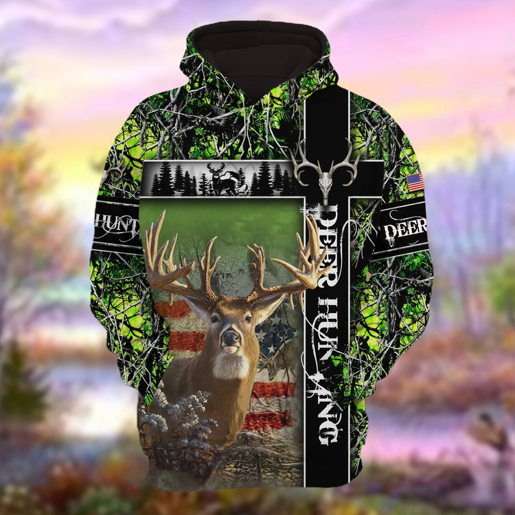 Personalized Deer Hunting Hoodie 3D Pullover Green American Forest Pattern Deer Hunting Club Uniform