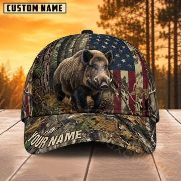 Maxcorners Bear Hunting American Flag Woodland Personalized Name 3D Cap