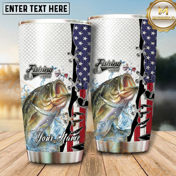 Maxcorners Fishing Tumbler White Patriotic Flag Stripe Design Personalized Name Tumbler (13 Species)