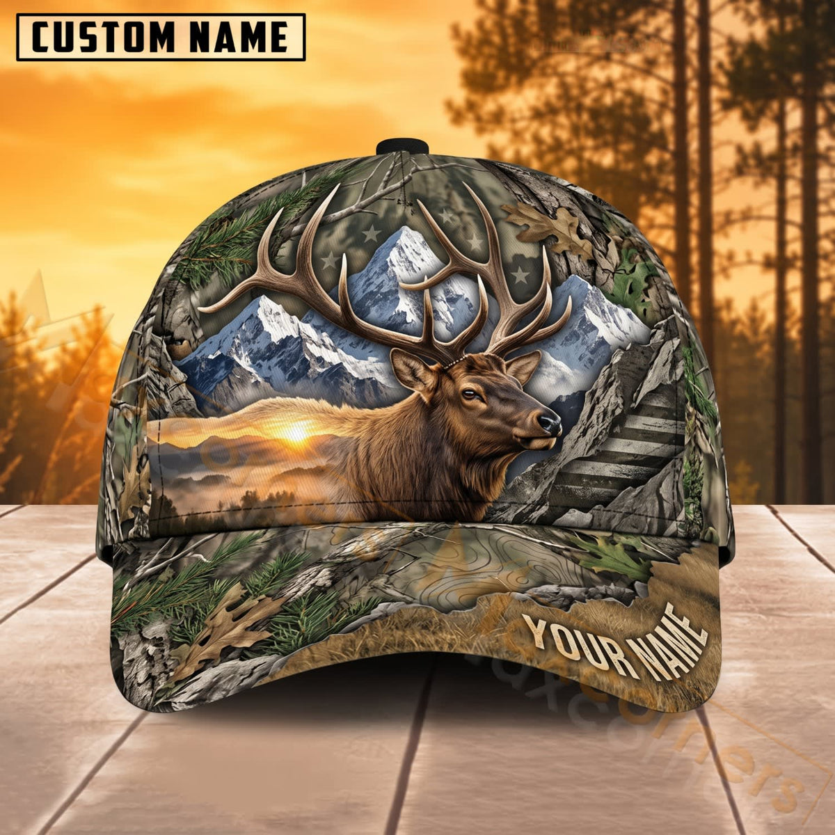 Maxcorners Deer Hunting Mountain Sunset Wilderness Personalized Name 3D Cap
