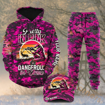 Maxcorners Hunting Think Dangerous Eagle Pink Camo Personalized 3D Combo Hoodie, Sweatpants Set & Cap