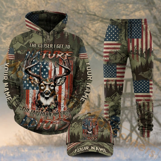 Maxcorners Hunting Patriotic Deer American Flag Vintage Camo Personalized 3D Combo Hoodie, Sweatpants Set & Cap
