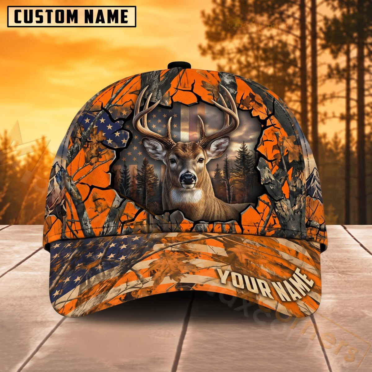 Maxcorners Deer Hunting American Flag Orange Crack Camo Personalized Name 3D Cap