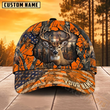 Maxcorners Deer Hunting American Flag Orange Crack Camo Personalized Name 3D Cap