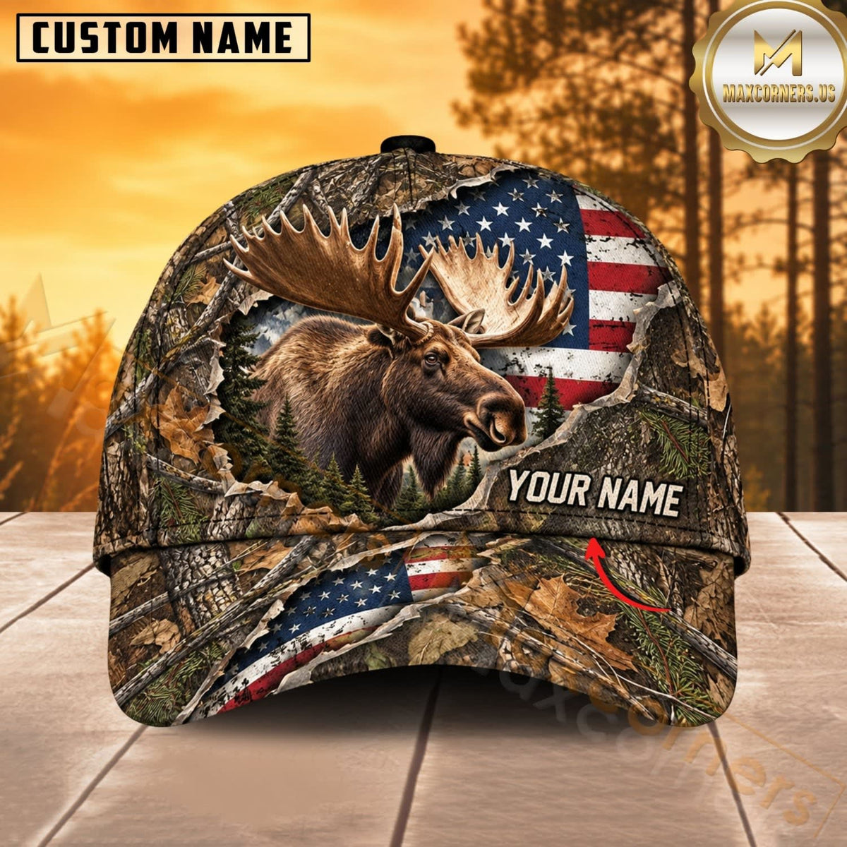 Maxcorners Hunting Wildlife Woodland Camo Torn American Flag Personalized Name 3D Cap
