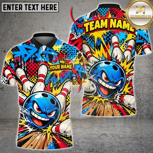 Maxcorners Bowling Comic Pop Art Cartoon Evil Ball Pins Explosion Artwork Multicolor Customized Name, Team Name 3D Shirts