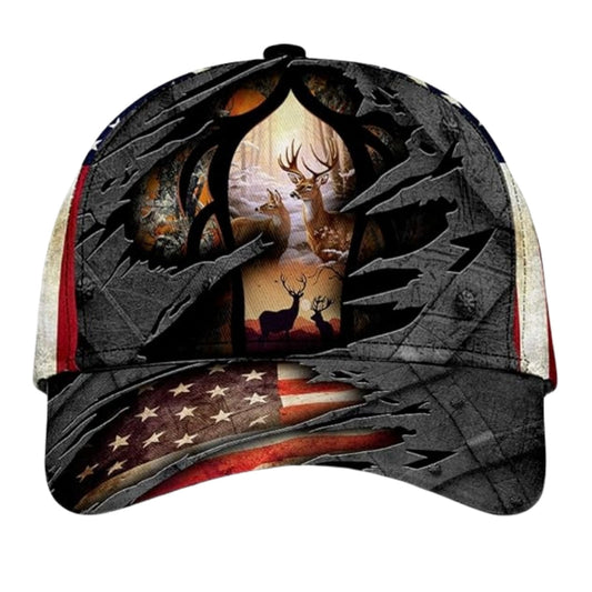Maxcorners Buck And Doe US Flag Deer Hunting Baseball Cap, 3D Printed Deer Caps Hats For Hunter LM0402