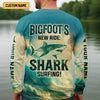 Maxcorners Bigfoot's New Ride Shark Surfing Fishing UPF Shirts, Funny Fishing Shirt, Presents For Fishermen