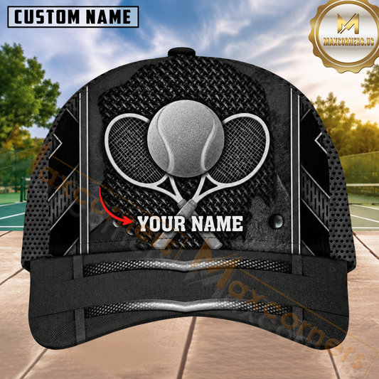 Maxcorners Tennis Crossed Rackets & Tennis Ball Black Silver Metal Texture 3D Design Personalized Name 3D Cap