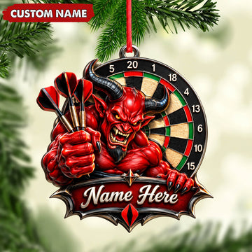 Maxcorners Darts Lover Fiery Devil Mascot, Holding Darts, Target Board Banner Personalized Name Ornament 2D Flat