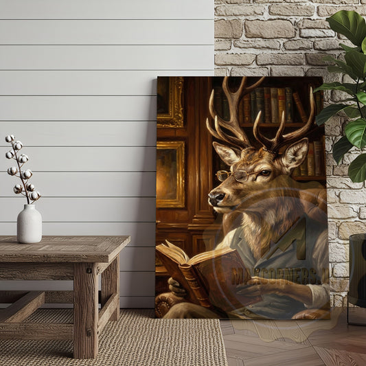 Maxcorners Vintage Library Deer Canvas - Book-Reading Wildlife Wall Decor
