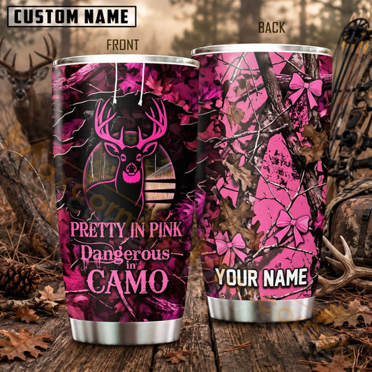 Maxcorners Hunting Pretty In Pink Black Pink Camo Personalized Name 3D Tumbler