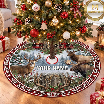 Maxcorners Hunting Deer Moose Winter Plaid Personalized Name 3D Christmas Tree Skirt