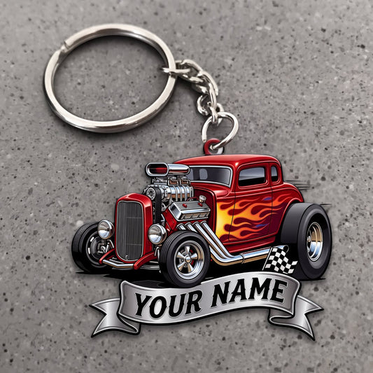 Maxcorners Hot Rod Red Vintage Roadster with Yellow Flames and Silver Name Banner Personalized Name 3D Keychain And Ornament