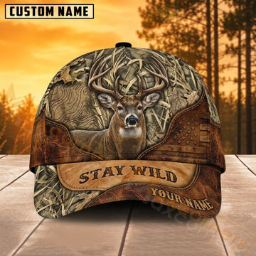 Maxcorners Deer Hunting Rustic Leather Camo Stay Wild Personalized Name 3D Cap