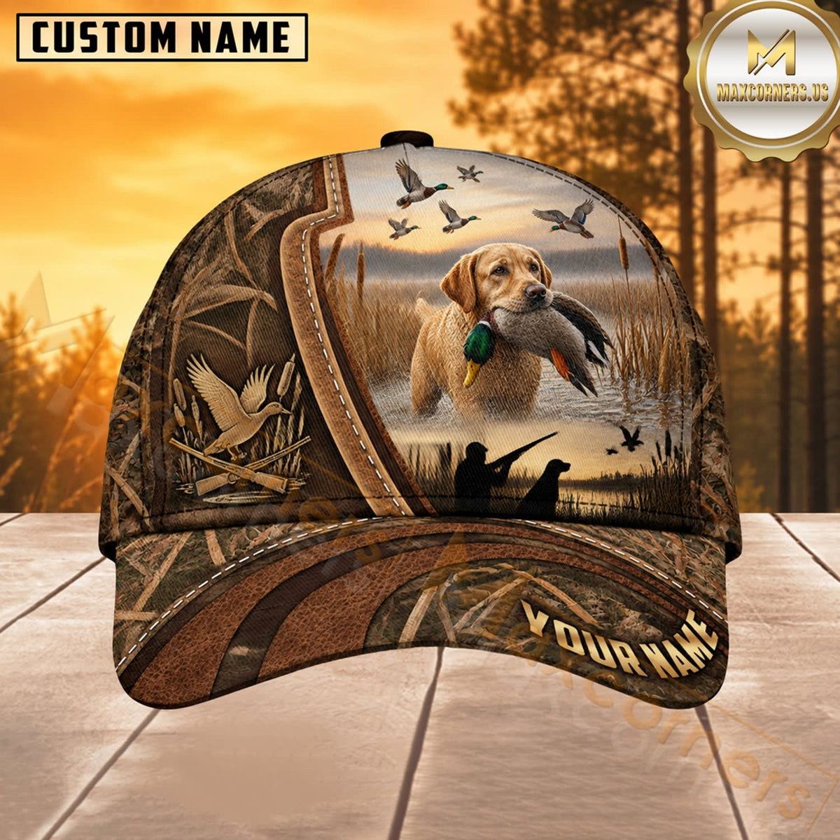 Maxcorners Dog Hunting And Duck Rustic Woodgrain Marshland Scene Multiple Options Personalized Name 3D Cap
