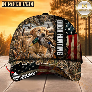 Maxcorners Dog Hunting And Duck Hunting Dog Marsh Camo American Flag Personalized Name 3D Cap