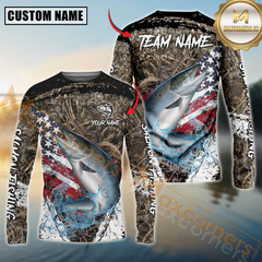 Maxcorners Salmon Fishing American Flag Scratch Grass Camo Custom Name & Team Name 3D Shirts