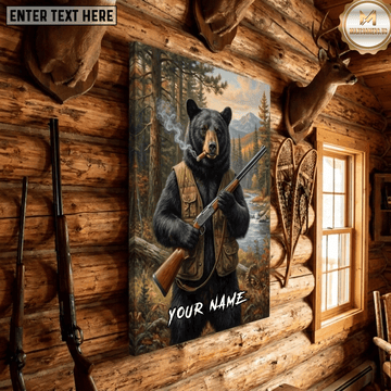 Maxcorners Bear Hunting Black Bear Hunter Vest Rifle Cigar Funny Lodge Wildlife Canvas Wall Art