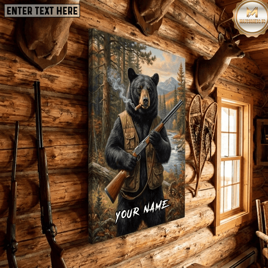 Maxcorners Bear Hunting Black Bear Hunter Vest Rifle Cigar Funny Lodge Wildlife Canvas Wall Art