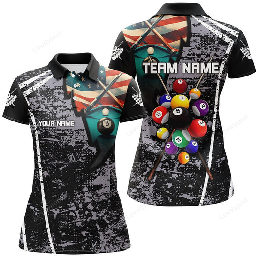 Maxcorners Personalized Grey Grunge US Flag 8 Ball Billiard Polo Shirts For Women