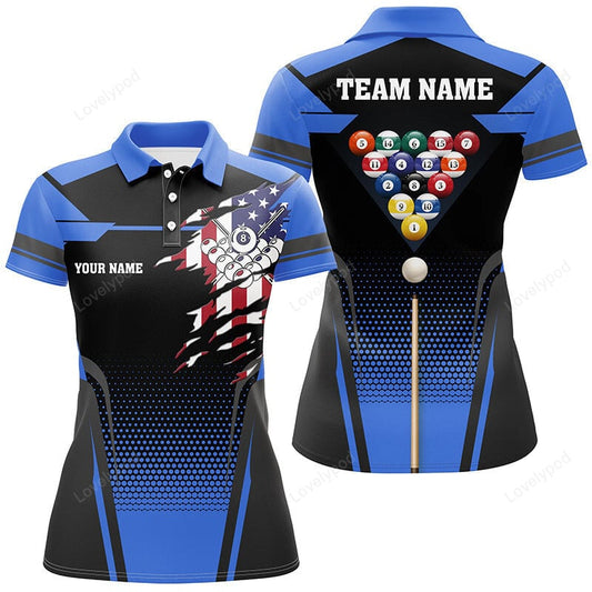 Maxcorners Personalized 8 Ball Pool US Flag Billiard Blue 3D Polo Shirts For Women