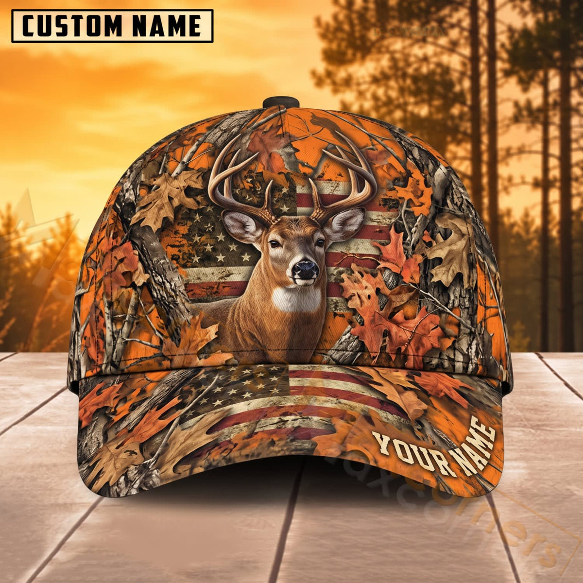 Maxcorners Deer Hunting Autumn Leaves Orange Camo Personalized Name 3D Cap