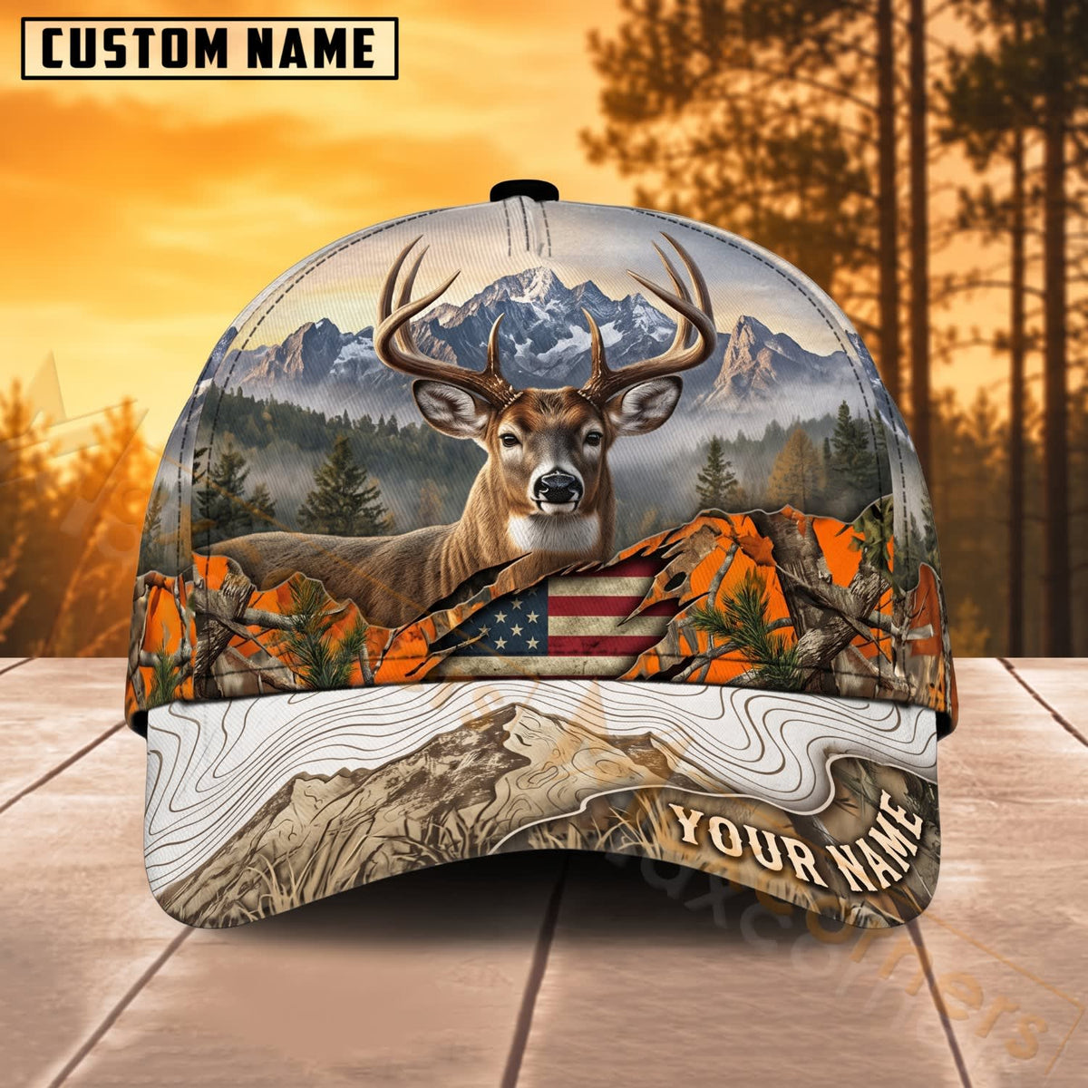 Maxcorners Deer Hunting Winter Mountain Orange Camo Personalized Name 3D Cap