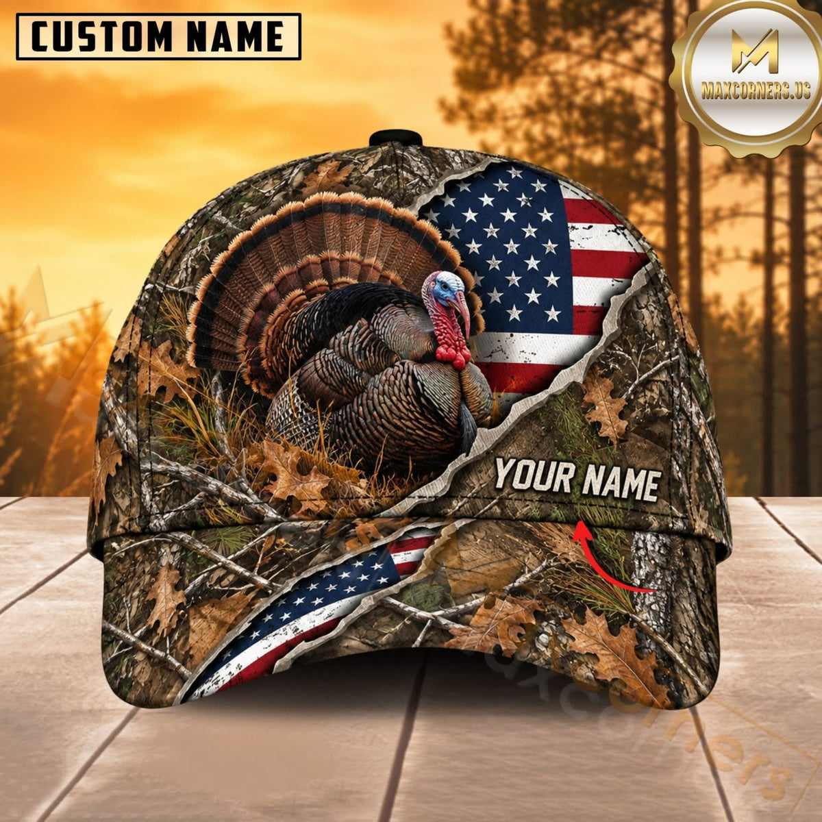 Maxcorners Hunting Wildlife Woodland Camo Torn American Flag Personalized Name 3D Cap