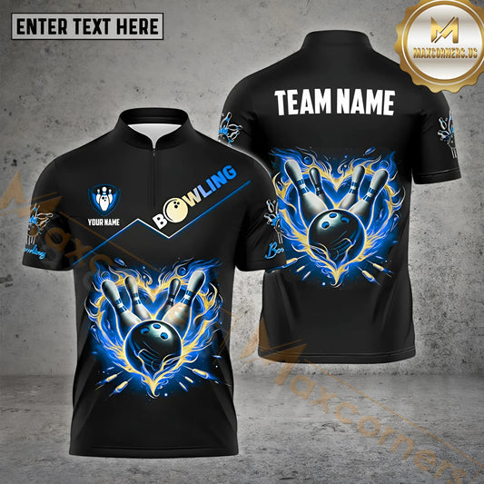 Maxcorners Bowling Ball & Pins Fire Heart Bowling Ball Multicolor Options Personalized Name, Team Name 3D Shirt (4 Colors)
