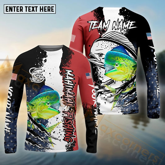 Maxcorners Mahi Mahi Fishing Paint Scratch American Flag scratch Sport Custom Name & Team Name 3D Shirts