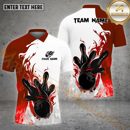Maxcorners Bowling Ball & Pins Fire Basic Bowling Ball Multicolor Options Personalized Name, Team Name 3D Shirt (4 Colors)
