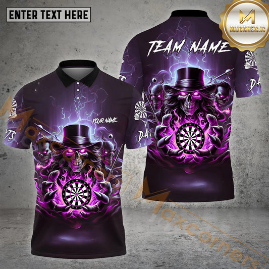 Maxcorners Darts Skull Fire Flame Pattern Multicolor Options Personalized Name, Team Name 3D Polo Shirts (4 Colors)