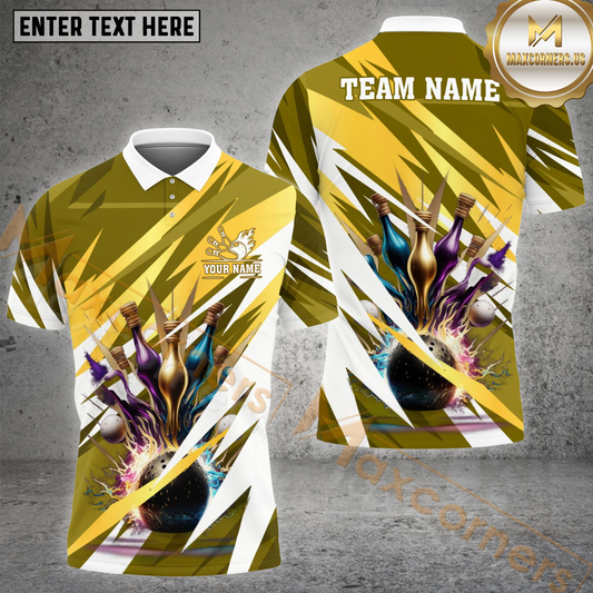 Maxcorners Bowling & Pins Lightning Pattern Multicolor Options Personalized Name, Team Name 3D Shirt (4 Colors)