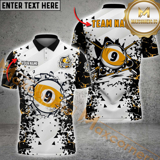 Maxcorners Billiard 8 Ball, 9 Ball, 10 Ball Crack Pattern Multicolor Options Personalized Name, Team Name 3D Polo Shirt (4 Colors)