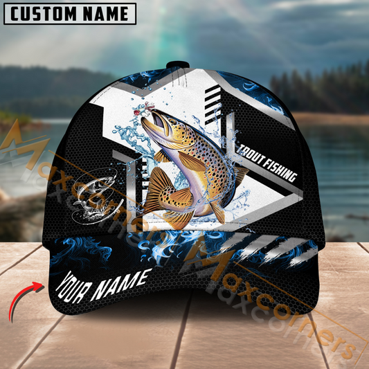 Maxcorners Trout Fishing Blue Flame Sport Pattern Multicolor Personalized Name 3D Cap