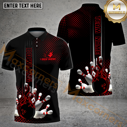 Maxcorners Bowling & Pins Fire Dotted Pattern Multicolor Options Personalized Name, Team Name 3D Shirt (4 Colors)
