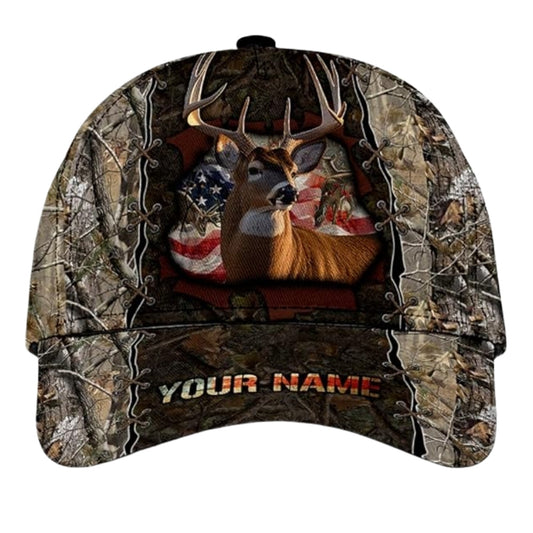 Maxcorners US Flag Camo Custom Name Deer Hunting Baseball Cap, Custom Deer Lovers Cap Hats LM0402