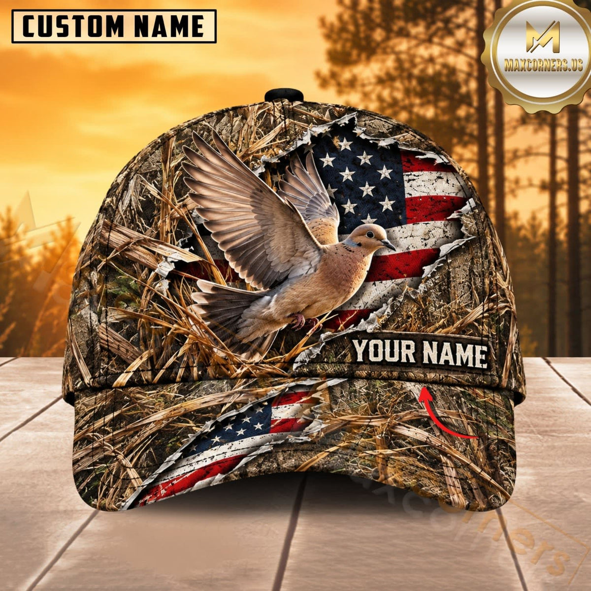Maxcorners Hunting Wildlife Woodland Camo Torn American Flag Personalized Name 3D Cap