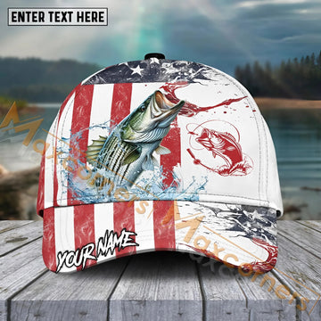 Maxcorners Striped Bass FishingRed Blue Seawwave American Flag Pattern Sport Pattern Personalized Name 3D Cap MT173